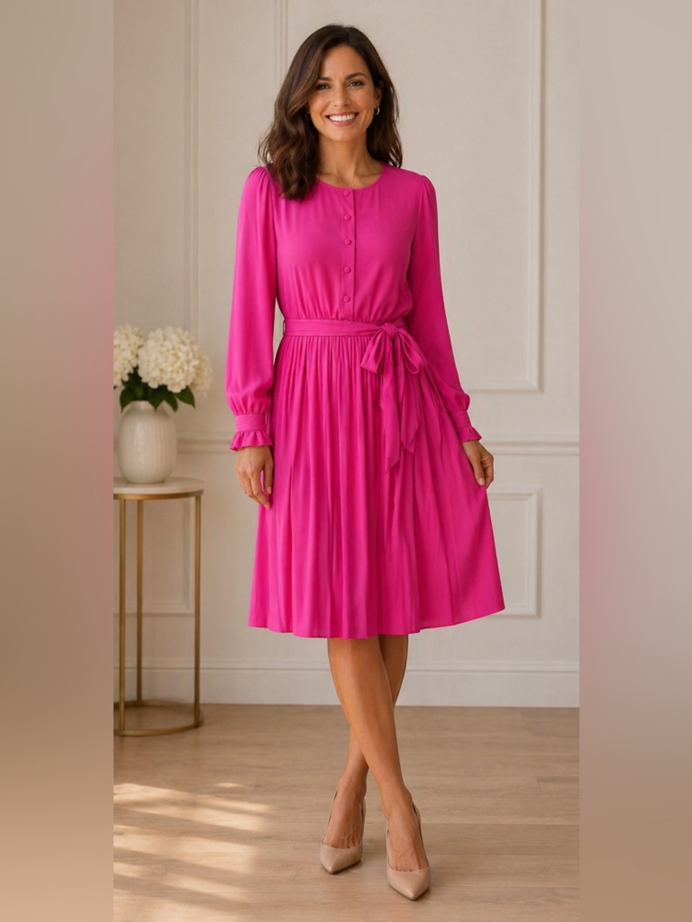 J. Crew Hot Pink Pleated MIDI Long-Sleeve Tie-Waist Chiffon Dress Size 4